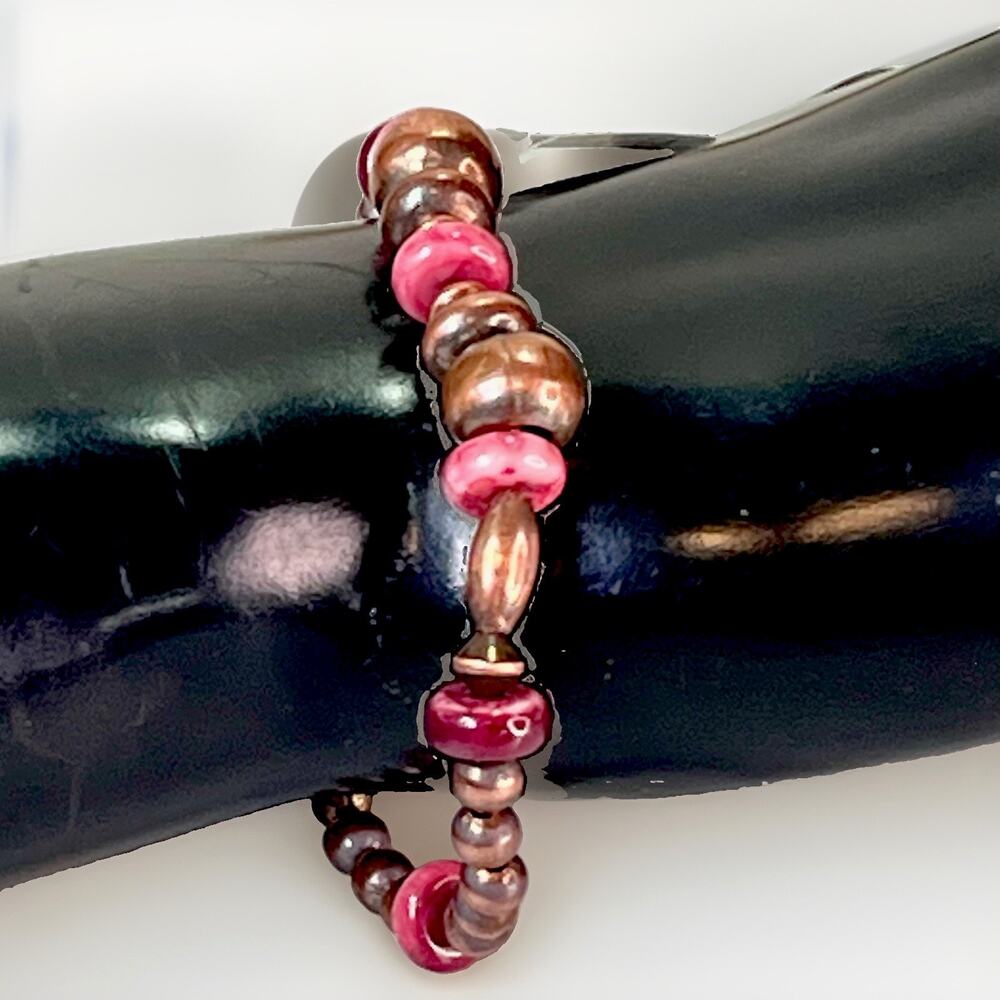 Copper Desert Pearls Purple Spiny Oyster Heishi & Round Beaded Stretch Bracelet